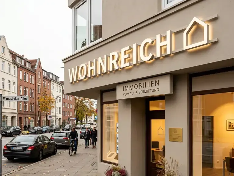 Beleuchtetes Firmenschild an einem Immobilienbüro in einer Stadtstraße.