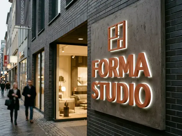 Beleuchtetes 3D LED Schild an einem hochwertigen Studio- oder Showroom-Eingang.