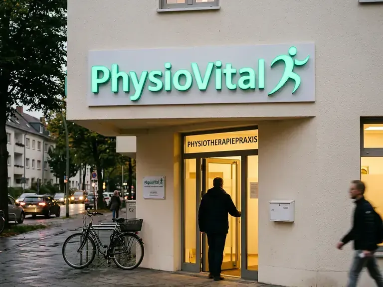 Beleuchtetes Praxisschild an einem Eingang einer Physiotherapiepraxis.