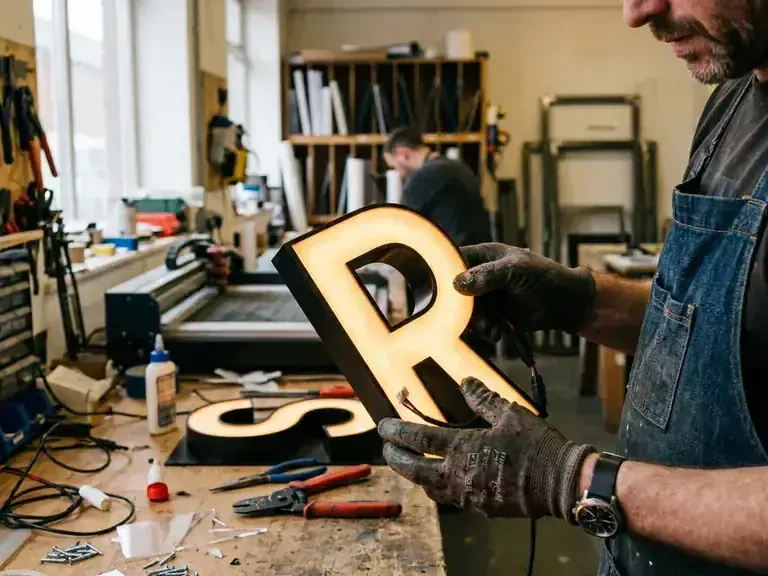 Beleuchtetes 3D LED Schild mit sichtbarer Befestigung und Materialwirkung.