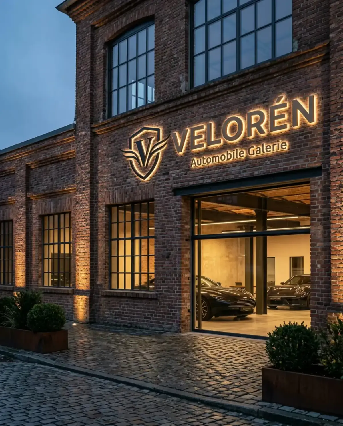3D LED Firmenschild mit beleuchtetem Logo an einer Backsteinfassade.